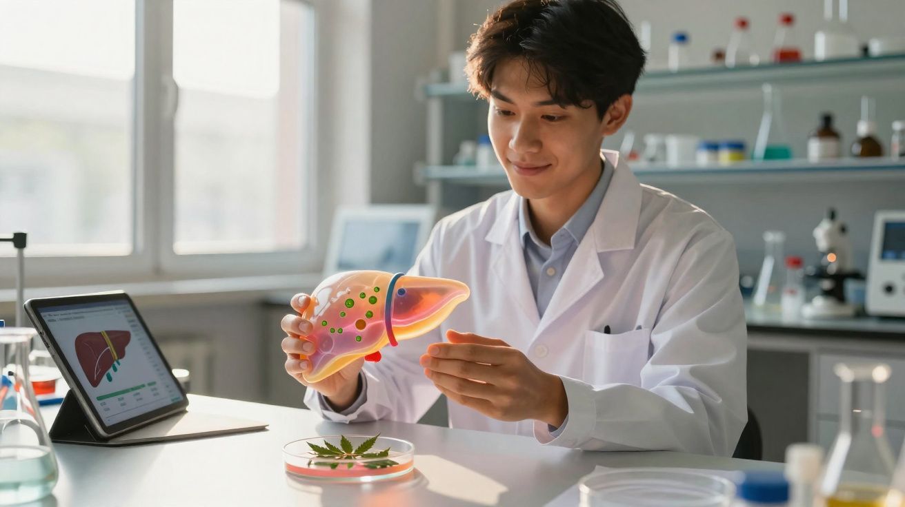 Cientista em laboratório segurando modelo 3D de fígado com ilustrações coloridas para estudo.