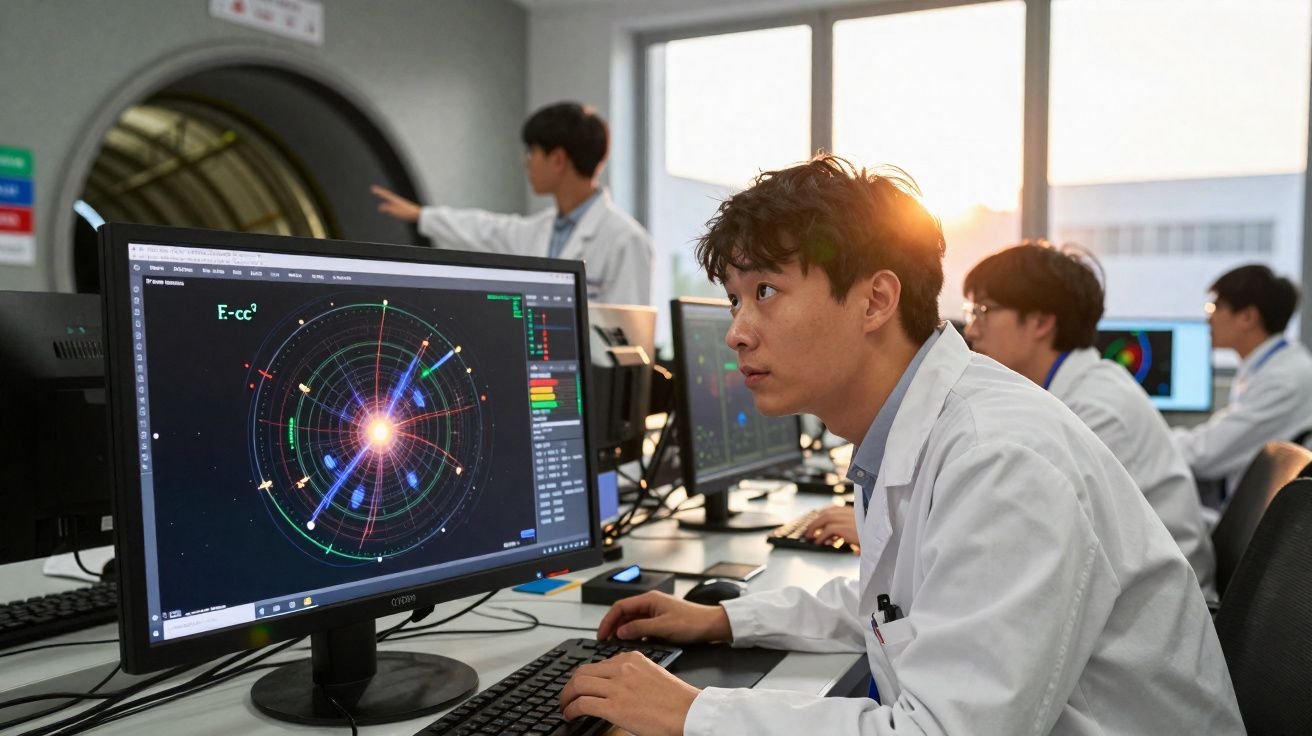 Jovem cientista em jaleco analisa dados complexos em computador, colegas trabalham ao fundo em laboratório.