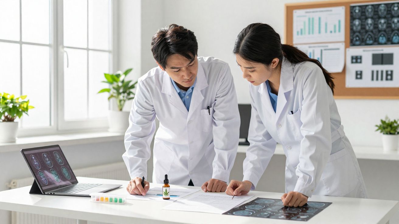 Dois médicos em jaleco branco analisando exames e documentos em um consultório iluminado.