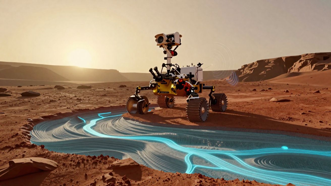 Rover explorando terreno marciano com holograma azul indicando caminho sob luz do sol poente.