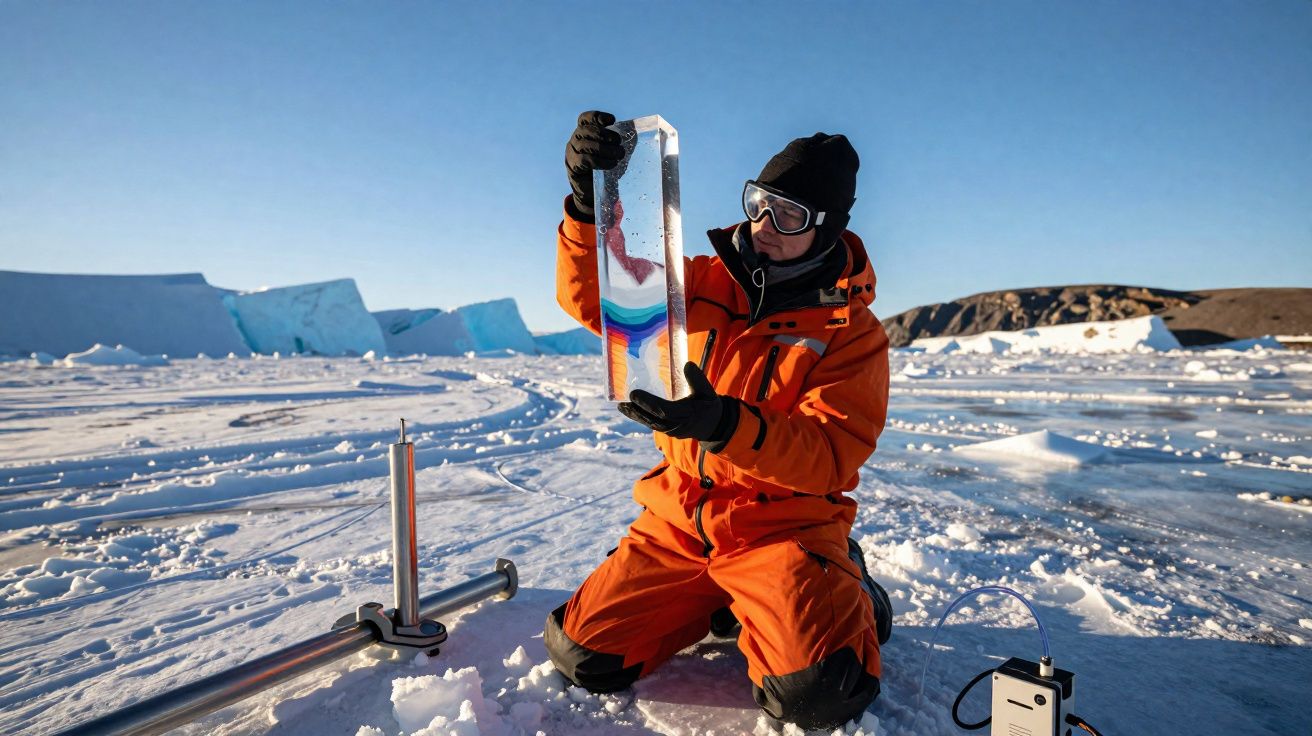 Pesquisador sentado no gelo segurando amostra de gelo transparente em ambiente gelado com neve e céu claro.