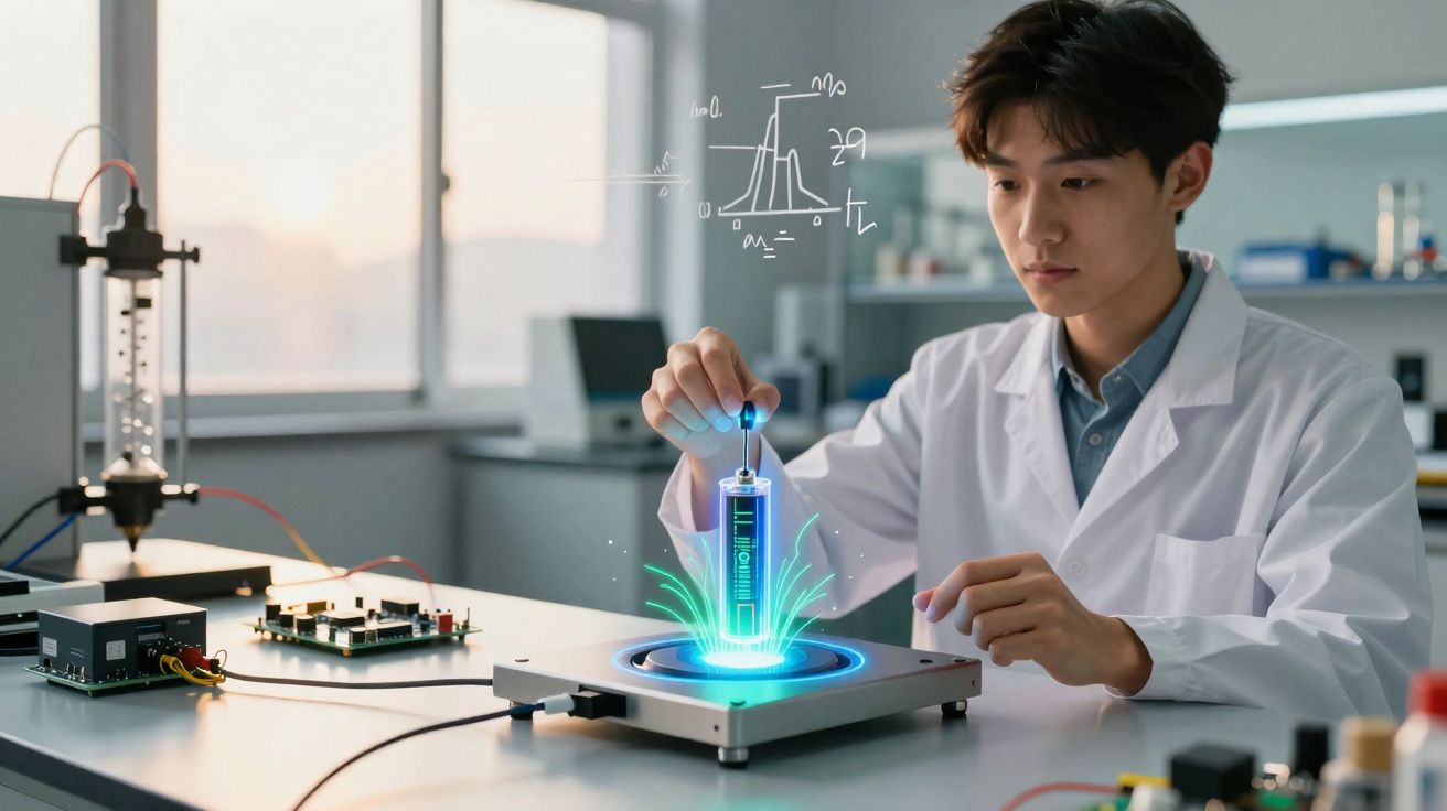 Cientista em laboratório manipulando dispositivo com efeitos holográficos sobre mesa tecnológica.