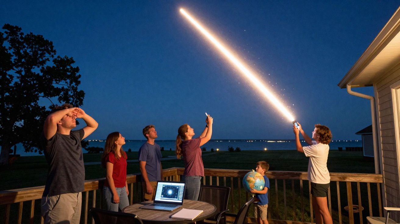 Grupo observa luz brilhante no céu noturno em área externa perto de lago. Criança segura globo terrestre.