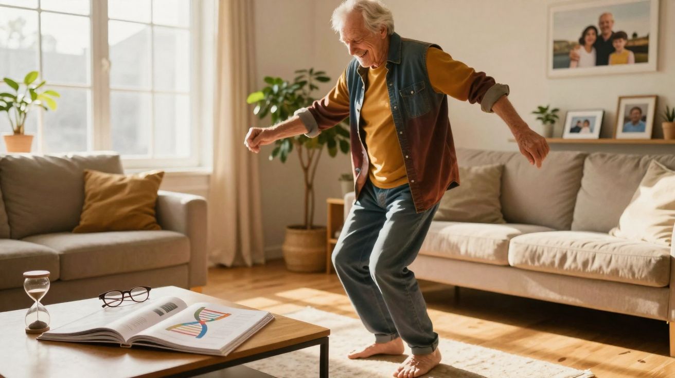 Idoso sorridente dança descalço em sala de estar iluminada, com livro aberto sobre DNA na mesa.