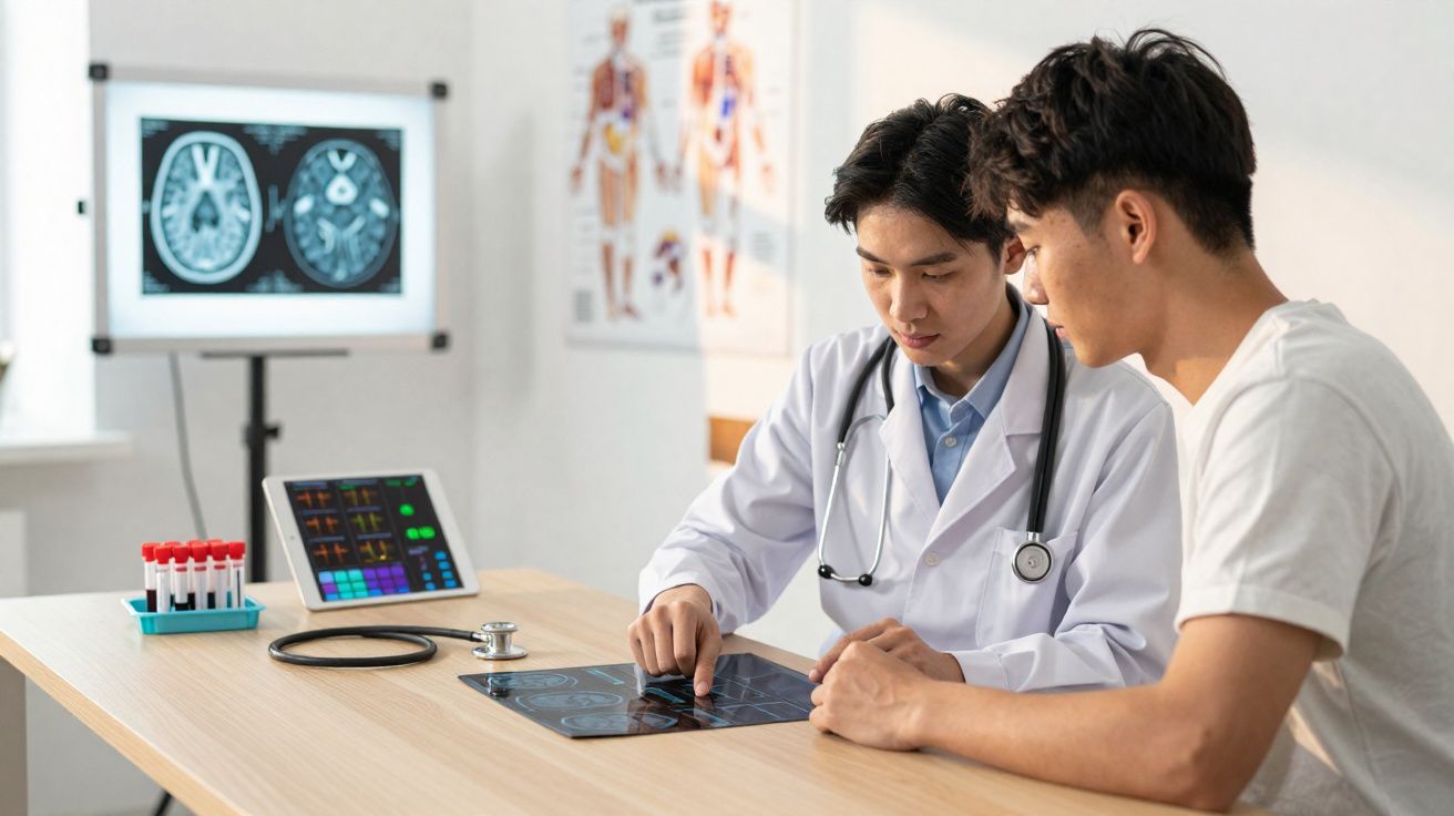 Médico analisando exames de imagem com paciente em consultório com equipamentos médicos ao fundo.