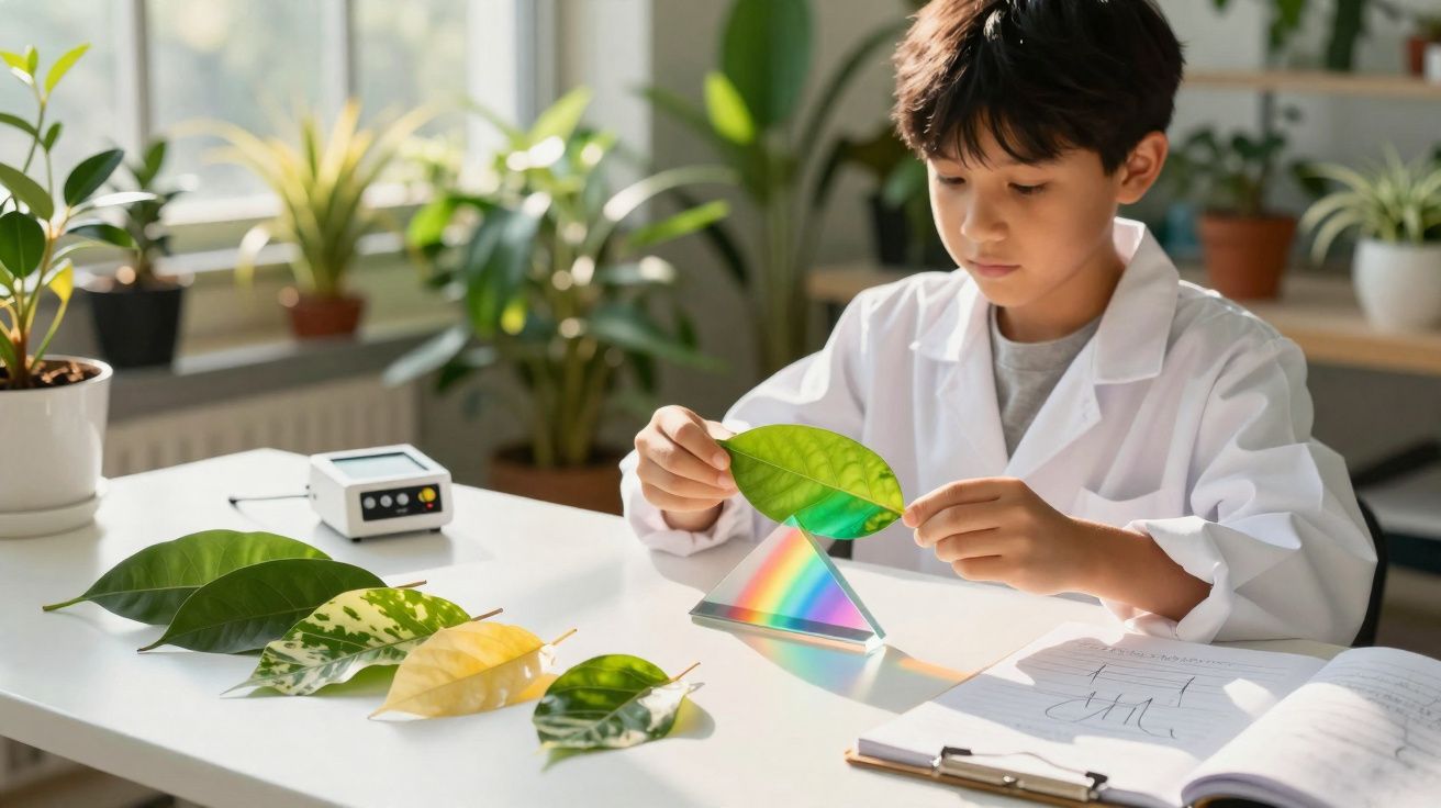 Criança em jaleco branco estudando folhas e prisma com luz solar em ambiente com plantas.