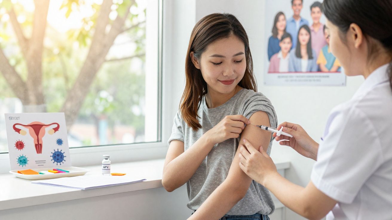 Mulher jovem recebendo vacina no braço aplicado por profissional de saúde em clínica.