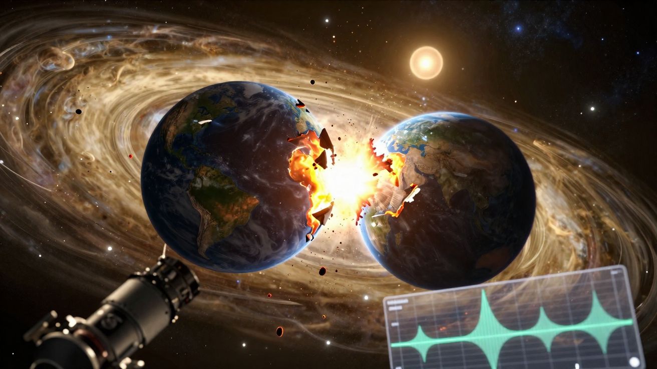 Duas Terras colidindo no espaço com explosão central e galáxia ao fundo, vista por um telescópio digital.