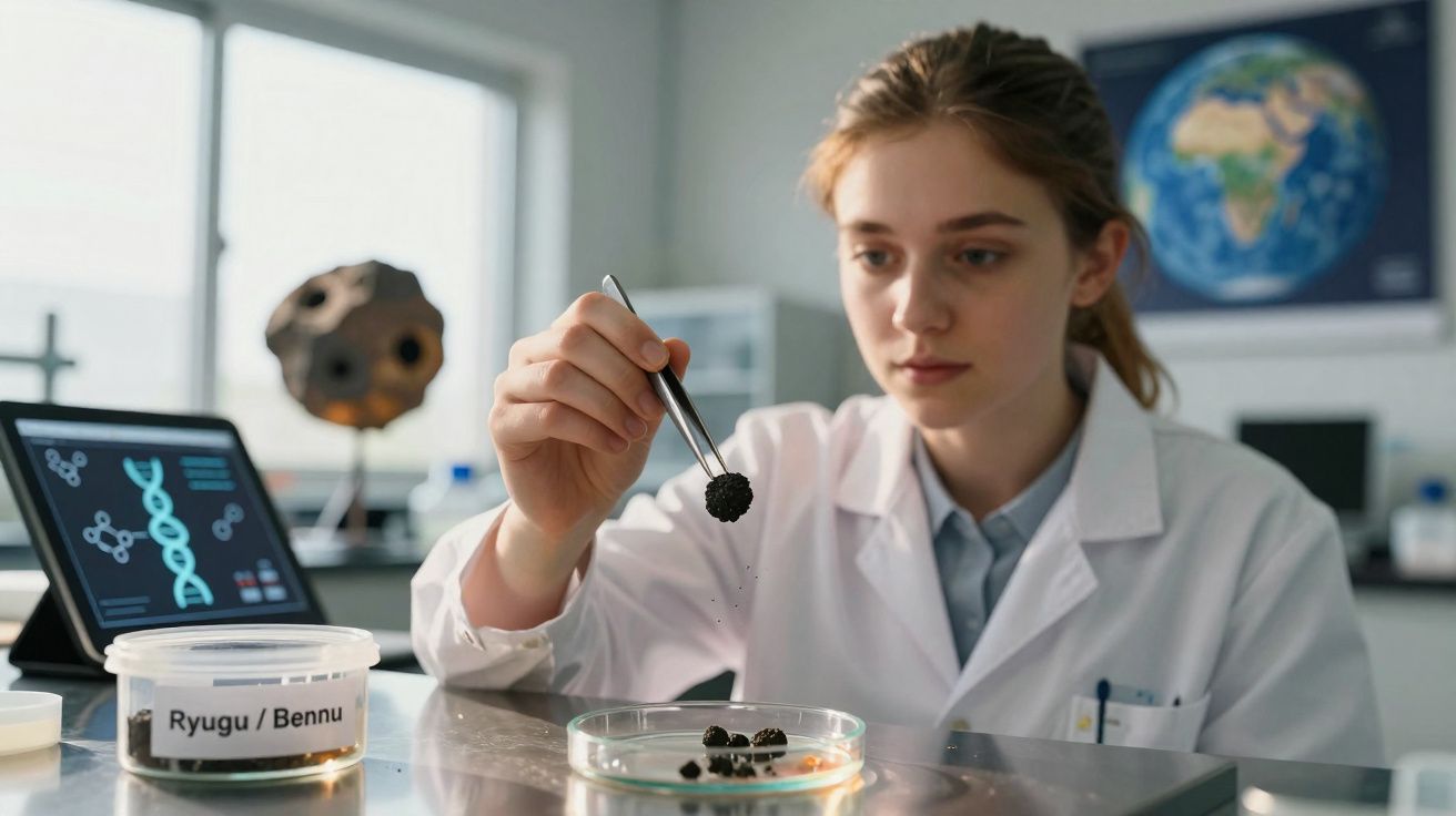 Jovem cientista em laboratório segurando amostra de sujeira com pinça sobre placa de petri.