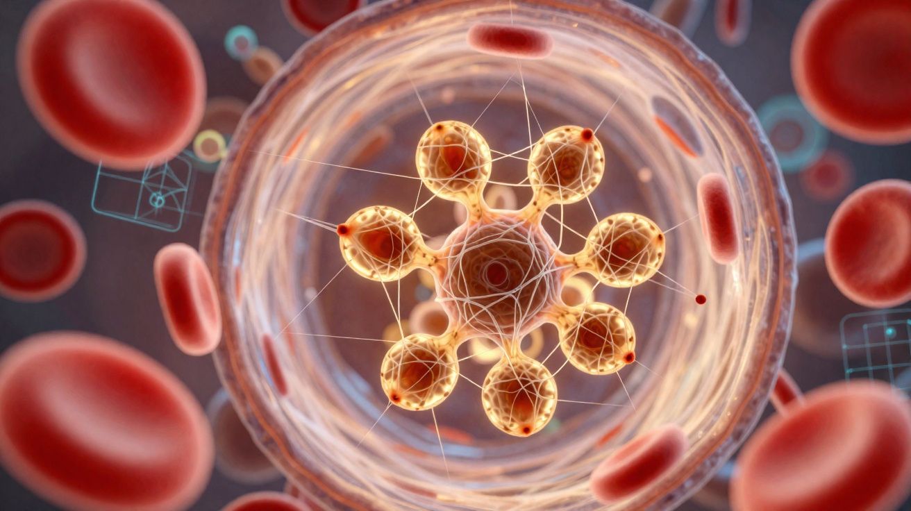 Ilustração digital de célula com estruturas arredondadas cercadas por glóbulos vermelhos.