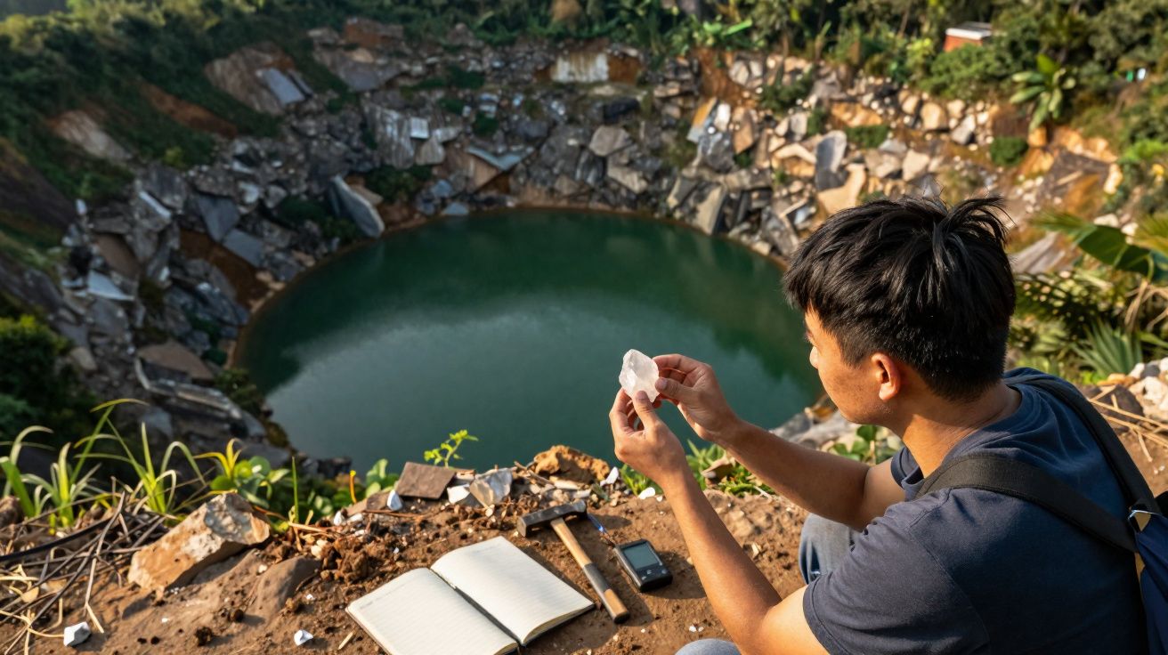 Homem observa pedra enquanto senta perto de bloco aberto com lago circular, tendo ferramentas e caderno ao lado.