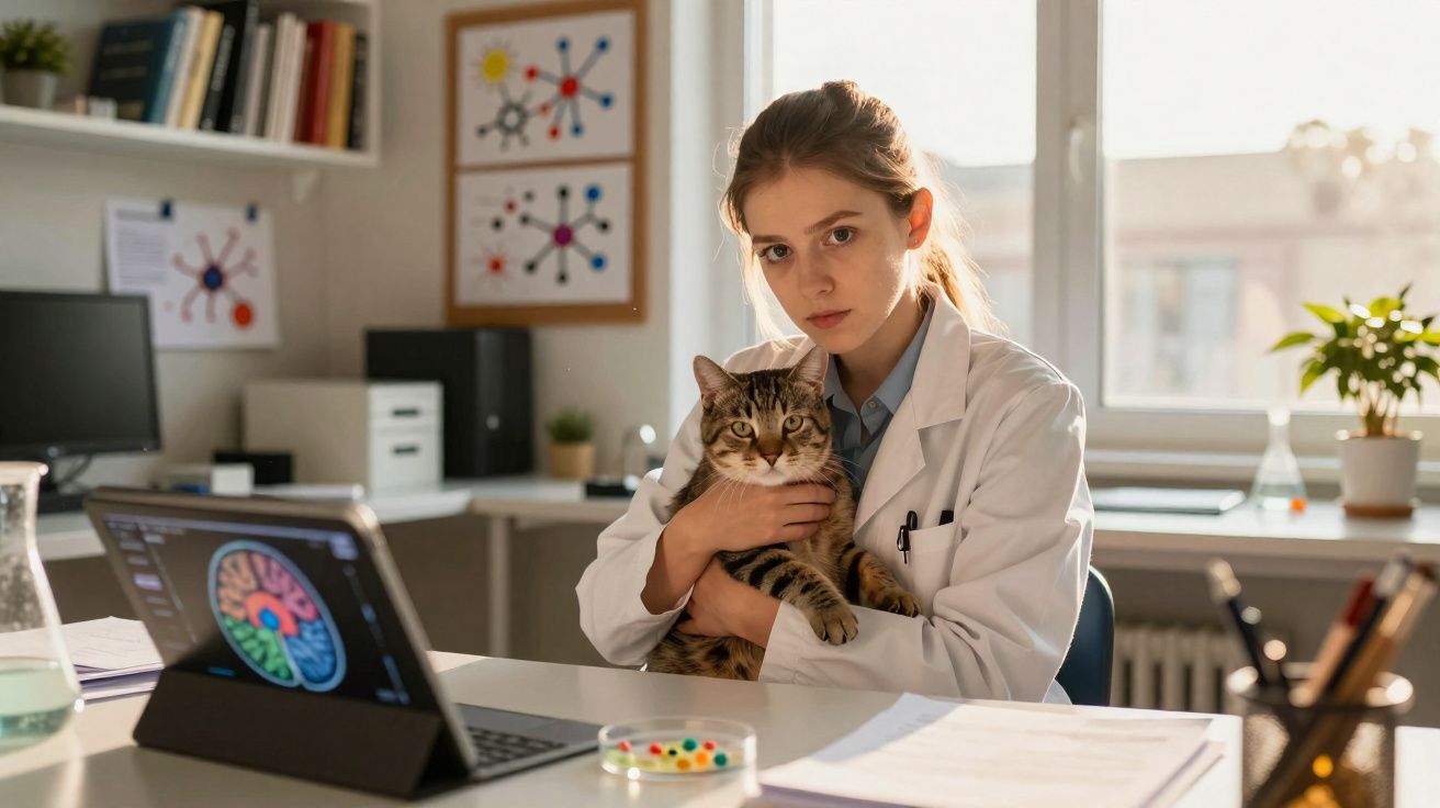 Jovem cientista de jaleco segura um gato em laboratório com laptop e material de pesquisa na mesa.