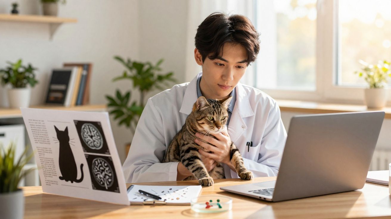 Veterinário examinando gato durante consulta online com imagens de cérebro de gato no computador.