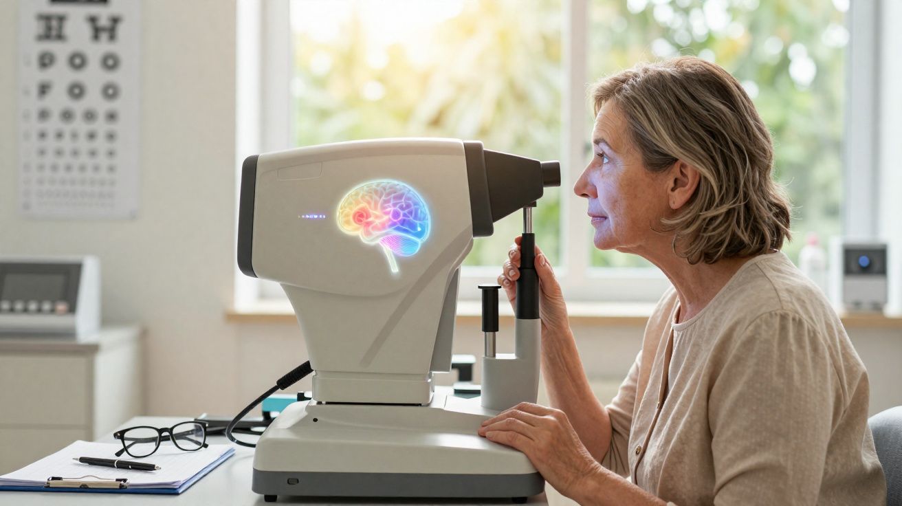 Mulher em consulta oftalmológica usando equipamento com imagem digital de cérebro colorido.