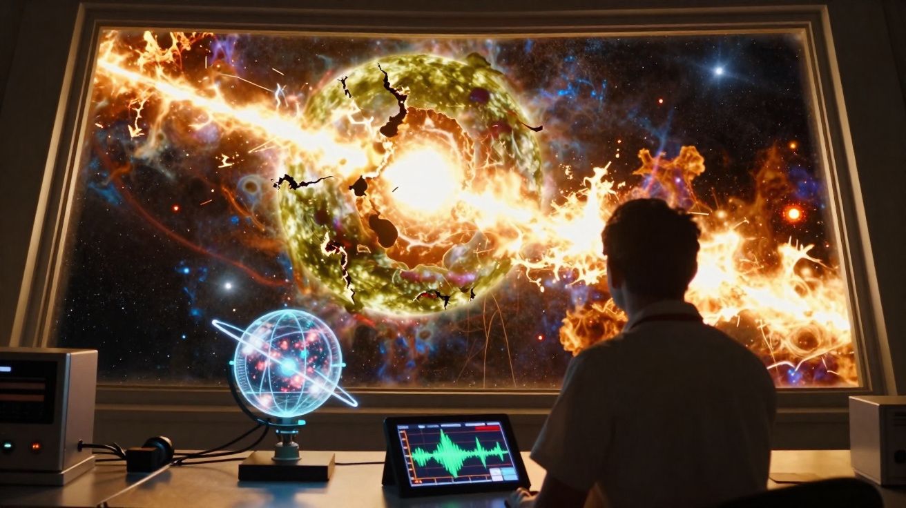 Pessoa observa explosão estelar através de janela grande em laboratório com equipamentos tecnológicos.