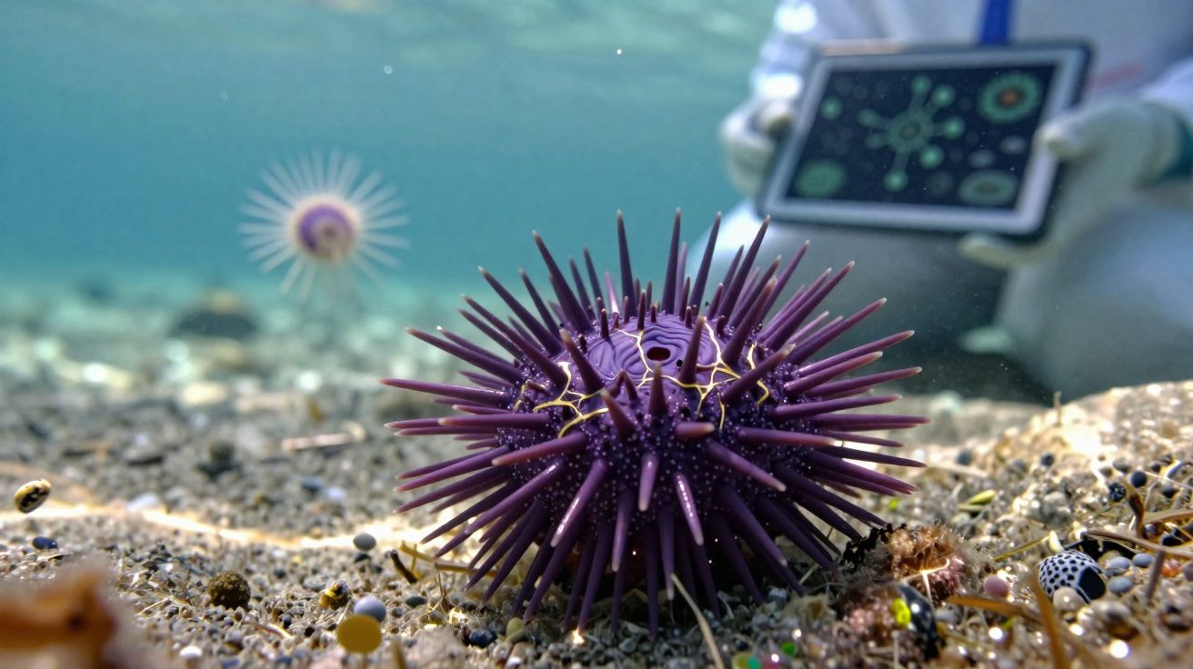 Ouriço-do-mar roxo no fundo do mar com cientista segurando tablet ao fundo, analisando dados.