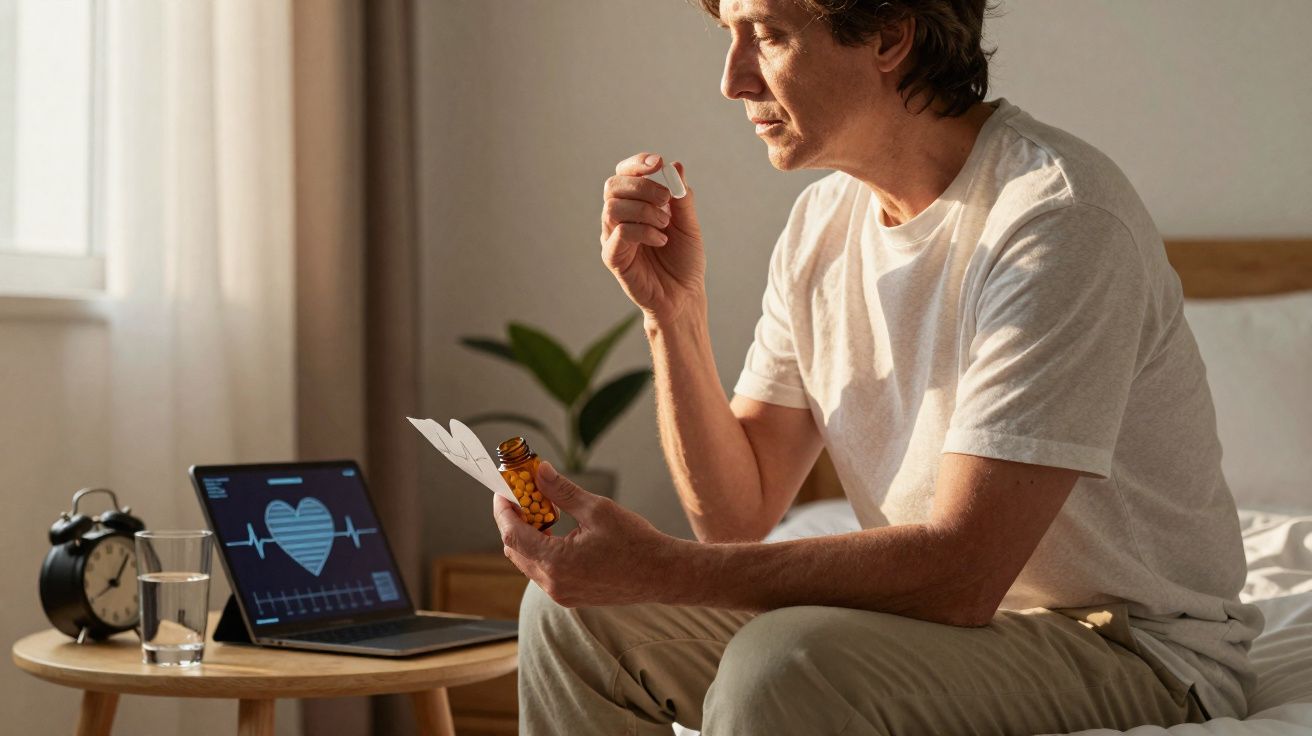 Homem sentado na cama segurando remédio e bula, com laptop mostrando batimento cardíaco ao fundo.