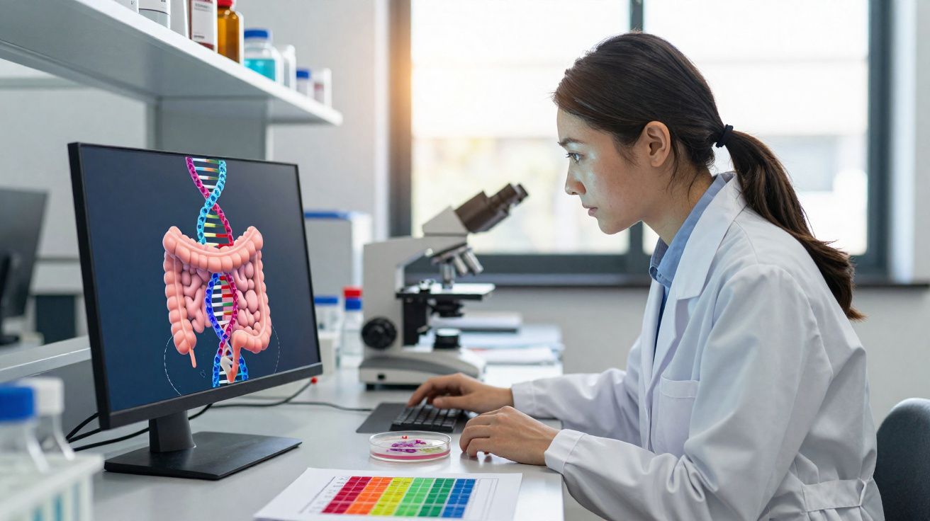Cientista analisando modelo digital do intestino e molécula de DNA em computador no laboratório.