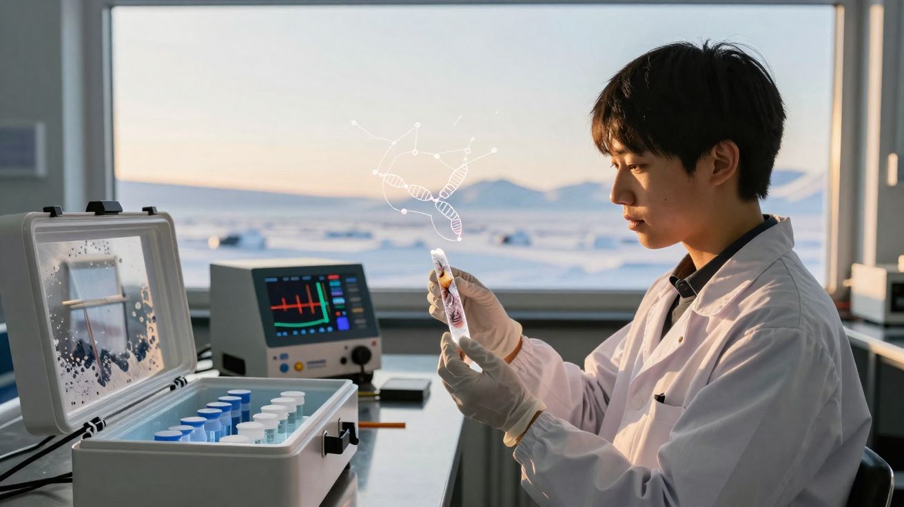 Pesquisador em laboratório analisando amostra em tubo de ensaio com elemento gráfico de DNA flutuante.