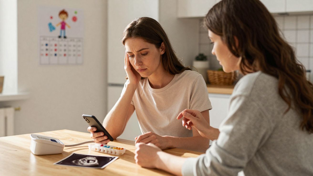 Duas mulheres sentadas em mesa com ultrassom, medicamentos e monitor de pressão, uma parece preocupada.
