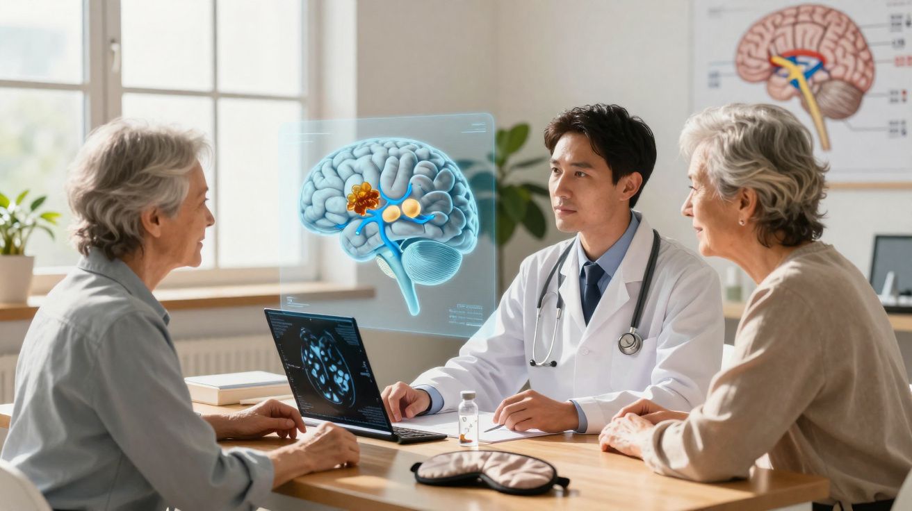 Médico explica exame cerebral para duas idosas em consulta, com cérebro digital projetado entre eles.