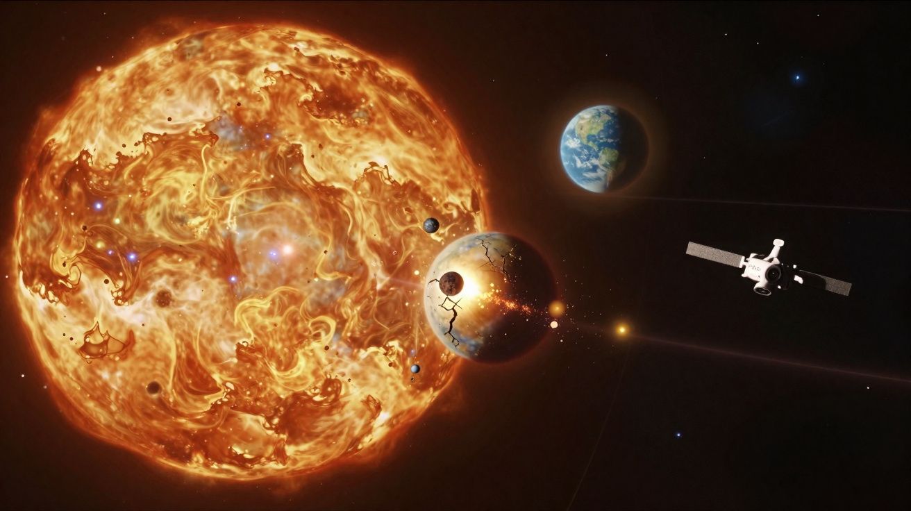 Ilustração do sistema solar com o sol, planetas, lua e uma sonda espacial no espaço.