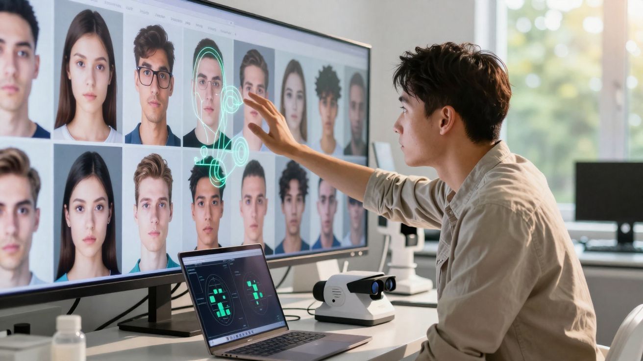 Pessoa analisando reconhecimento facial em tela grande com laptop e equipamentos tecnológicos em mesa.