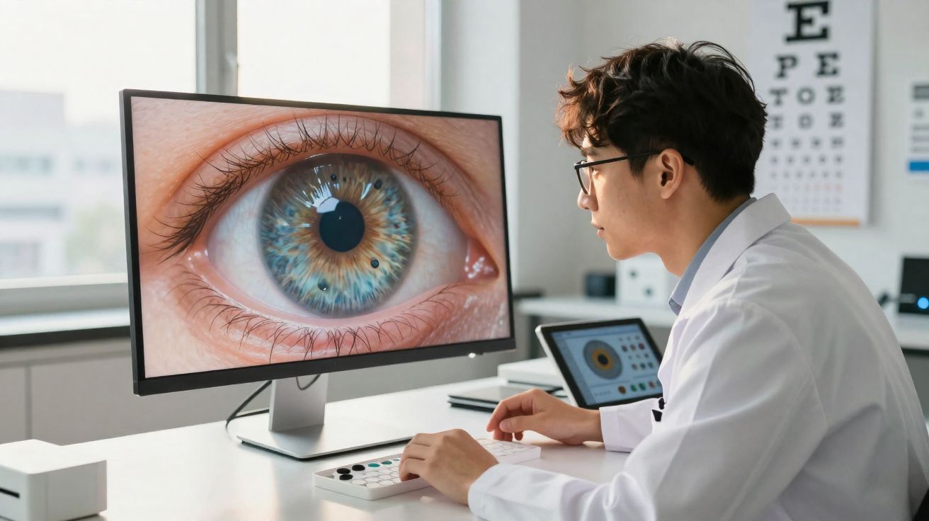 Oftalmologista examinando imagem ampliada de um olho humano em tela de computador no consultório.