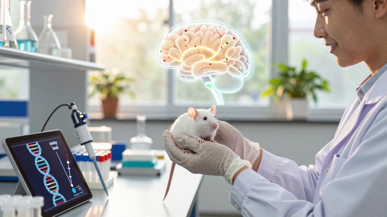 Pesquisador segurando rato branco em laboratório com imagem digital do cérebro e DNA na tela do tablet.