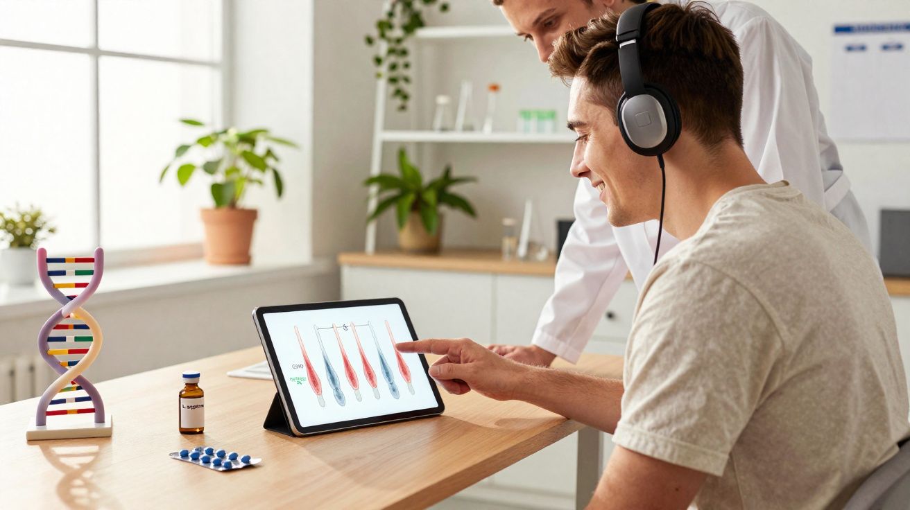 Paciente com fones consulta médico sobre resultados de exames de cabelo em tablet em ambiente clínico.