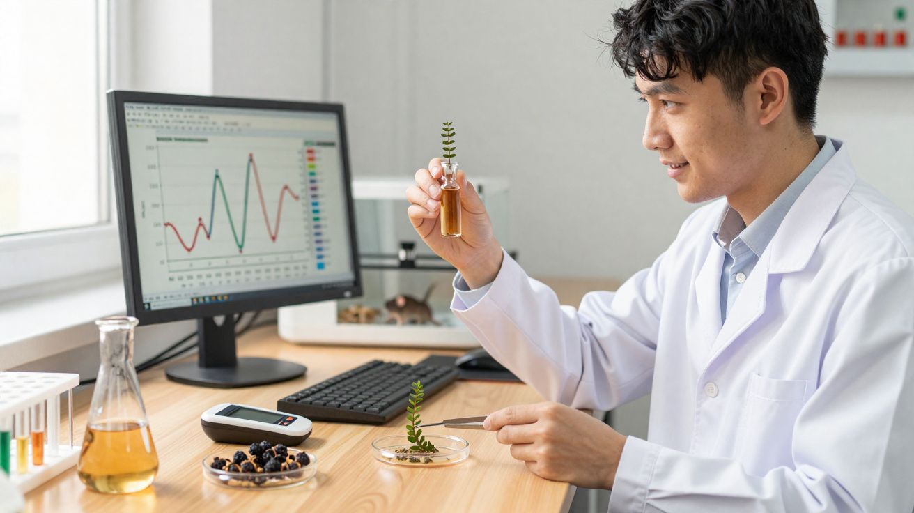 Cientista em laboratório analisando planta em tubo de ensaio com dados gráficos no computador.