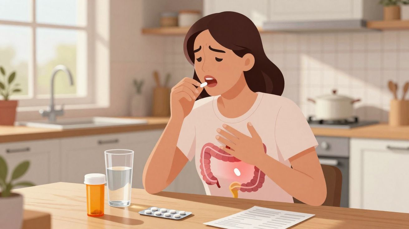 Mulher sentada à mesa da cozinha tomando remédio para dor abdominal, com expressão de desconforto.