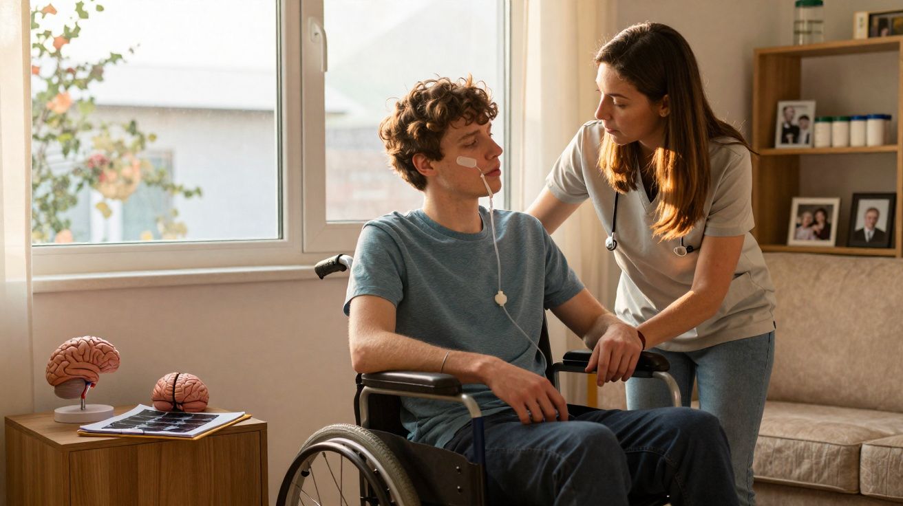 Paciente em cadeira de rodas com sonda nasal recebe atendimento de profissional de saúde em ambiente doméstico.