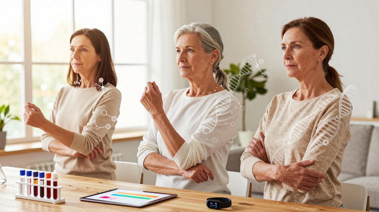 Três mulheres maduras com expressão pensativa sentadas em mesa com tubos de ensaio e tablet, conceito de genética.