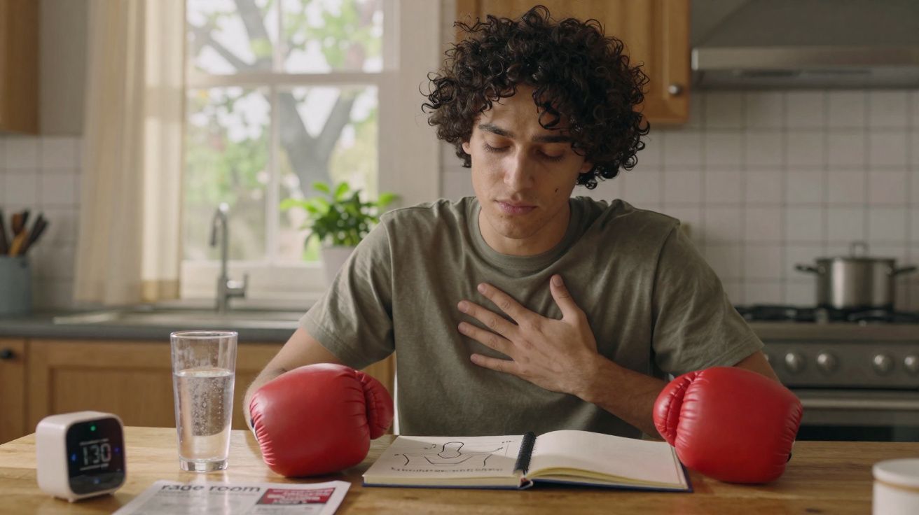 Jovem com luvas de boxe senta à mesa na cozinha, segurando o peito e olhando para caderno aberto.