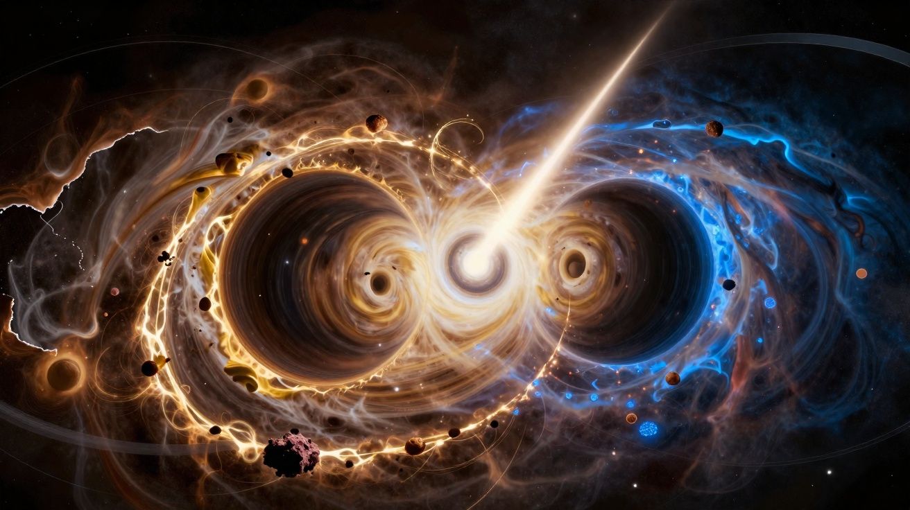 Representação artística de buraco negro emitindo jato energético, com gases e detritos cósmicos ao redor.