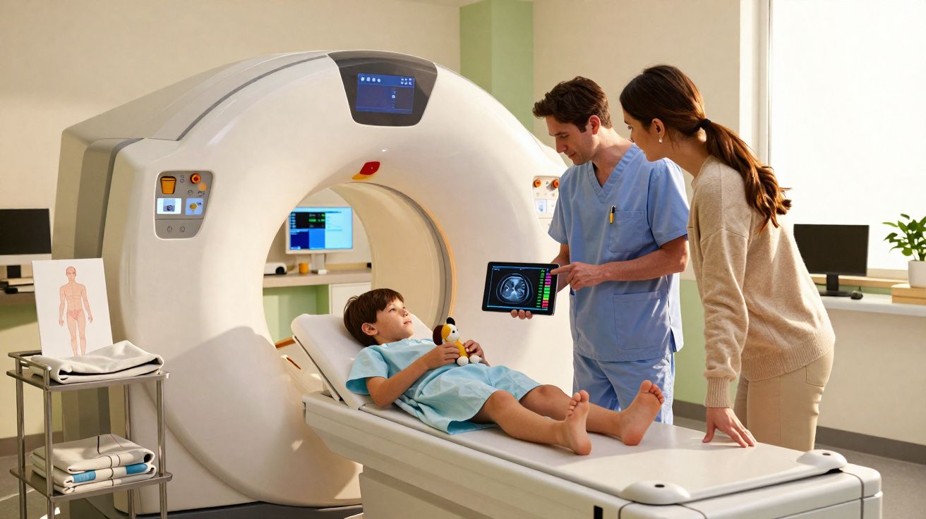 Criança deitada em aparelho de tomografia, médico mostrando exame em tablet e mulher observando na sala de hospital.