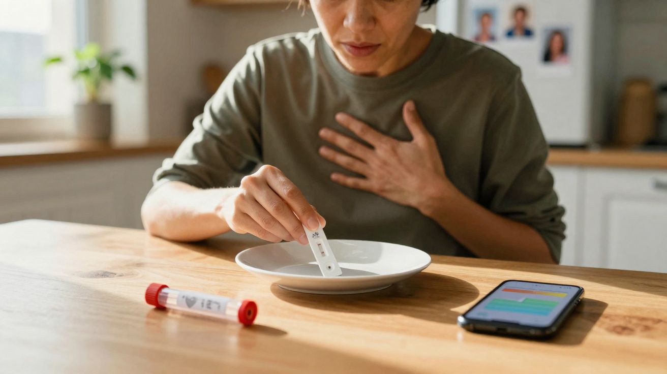 Mulher olhando teste de gravidez positivo apoiada na mão sobre o peito em mesa com celular e tubo de ensaio.