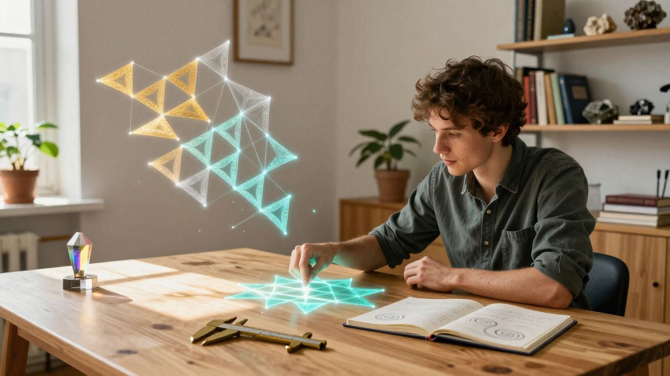 Homem sentado à mesa interagindo com holograma geométrico em ambiente de estudo com livro aberto.