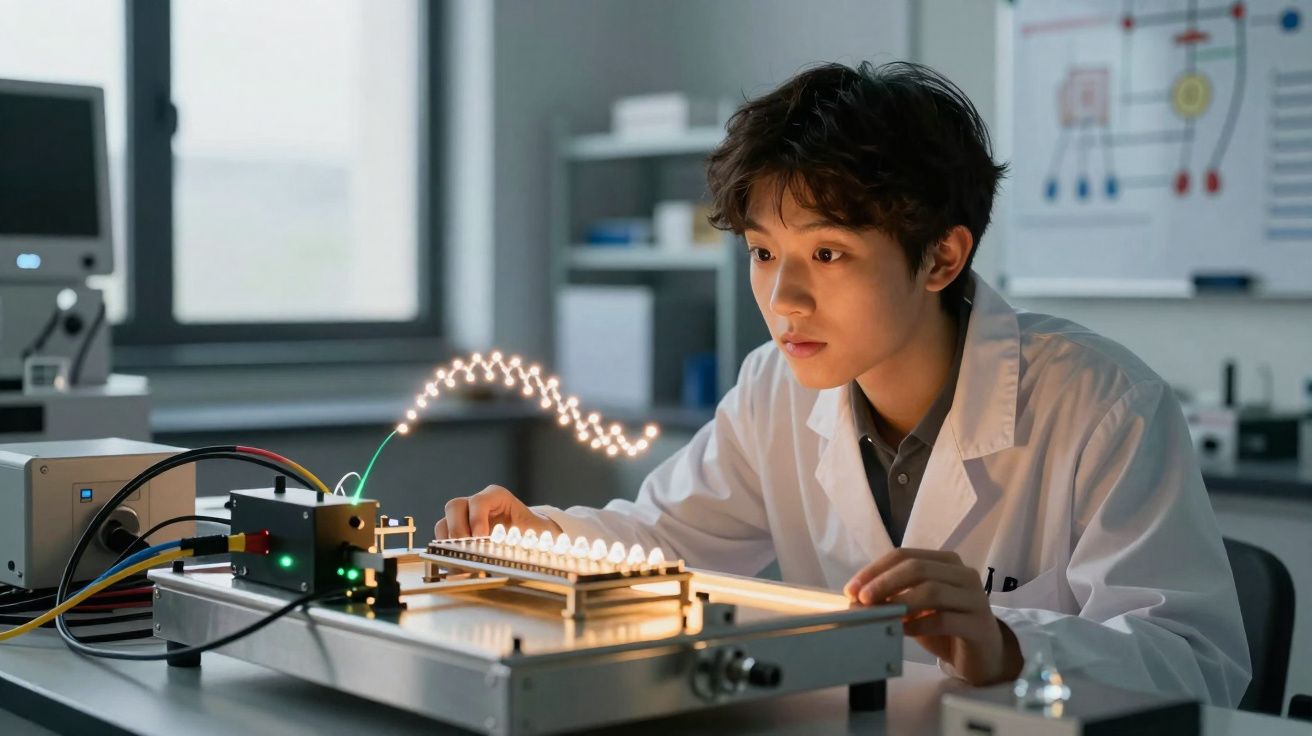 Jovem cientista observa modelo de DNA iluminado durante experimento em laboratório moderno.