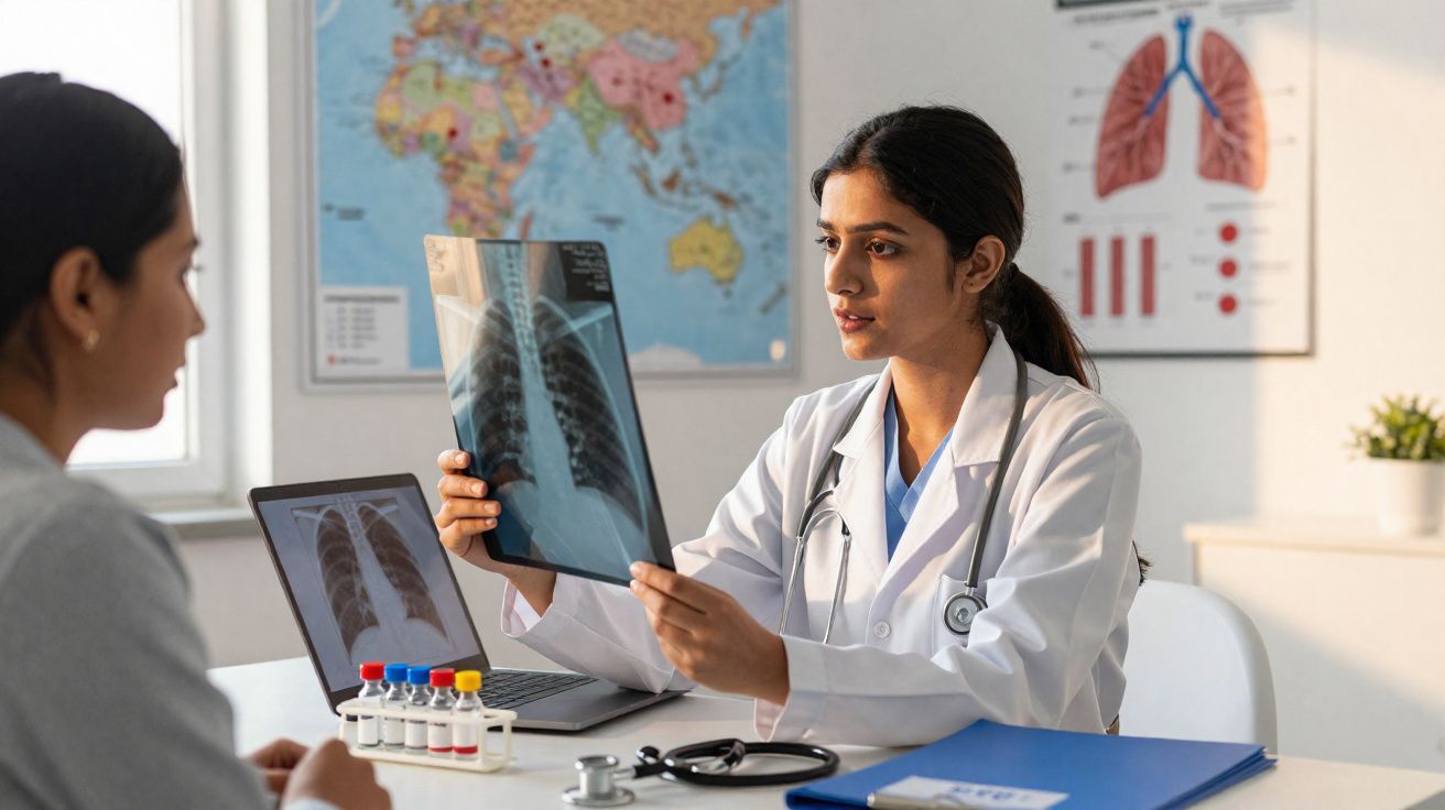 Médica analisando raio-x de pulmão enquanto conversa com paciente em consultório clínico.