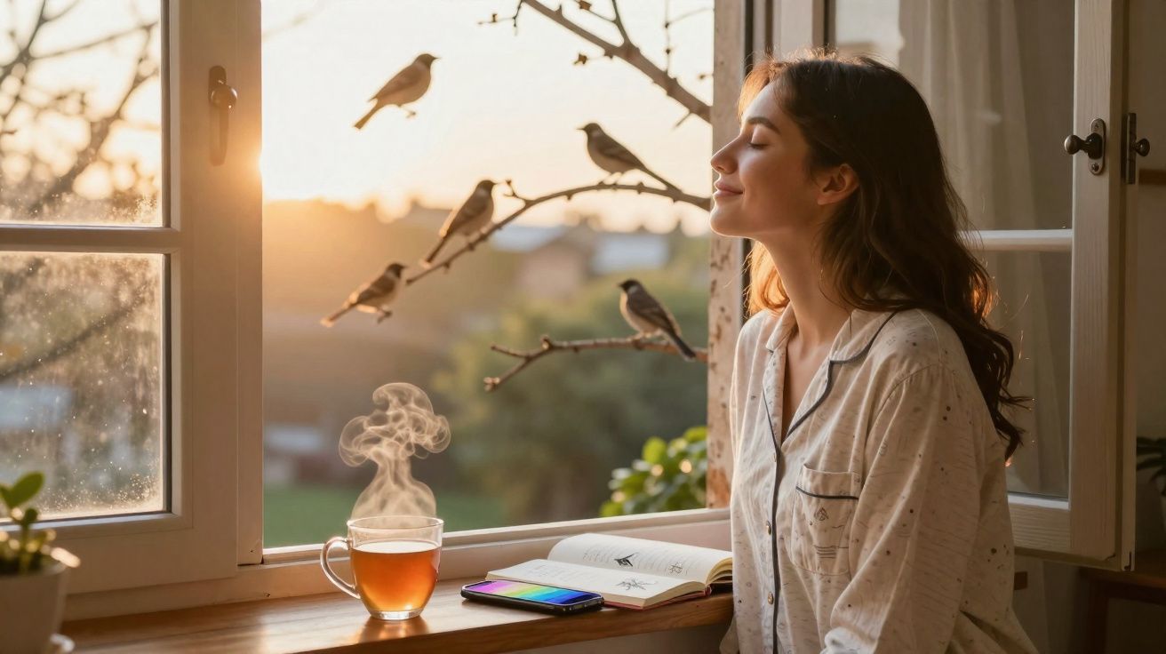 Mulher em pijama aproveita o pôr do sol na janela com xícara de chá, celular e livro ao lado.