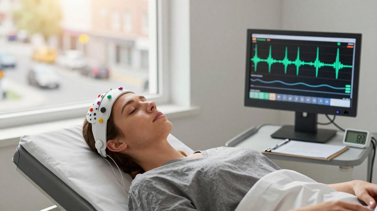 Mulher deitada com eletrodos na cabeça conectados a monitor mostrando atividade cerebral em ambiente clínico.
