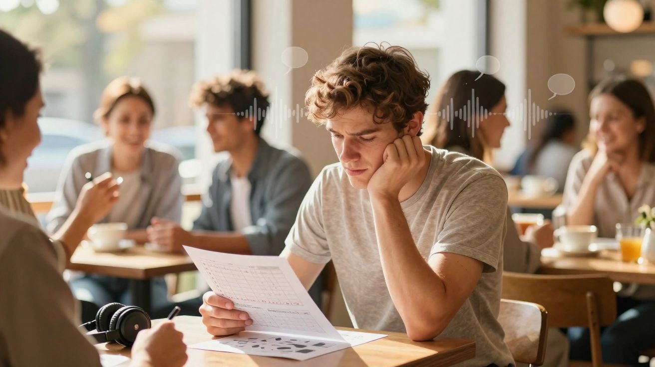 Jovem sentado em cafeteria lendo um documento, com pessoas conversando ao fundo.