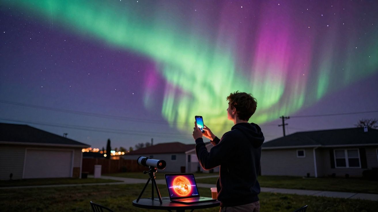 Pessoa fotografando aurora boreal com celular, próximo a telescópio e laptop ao ar livre à noite.