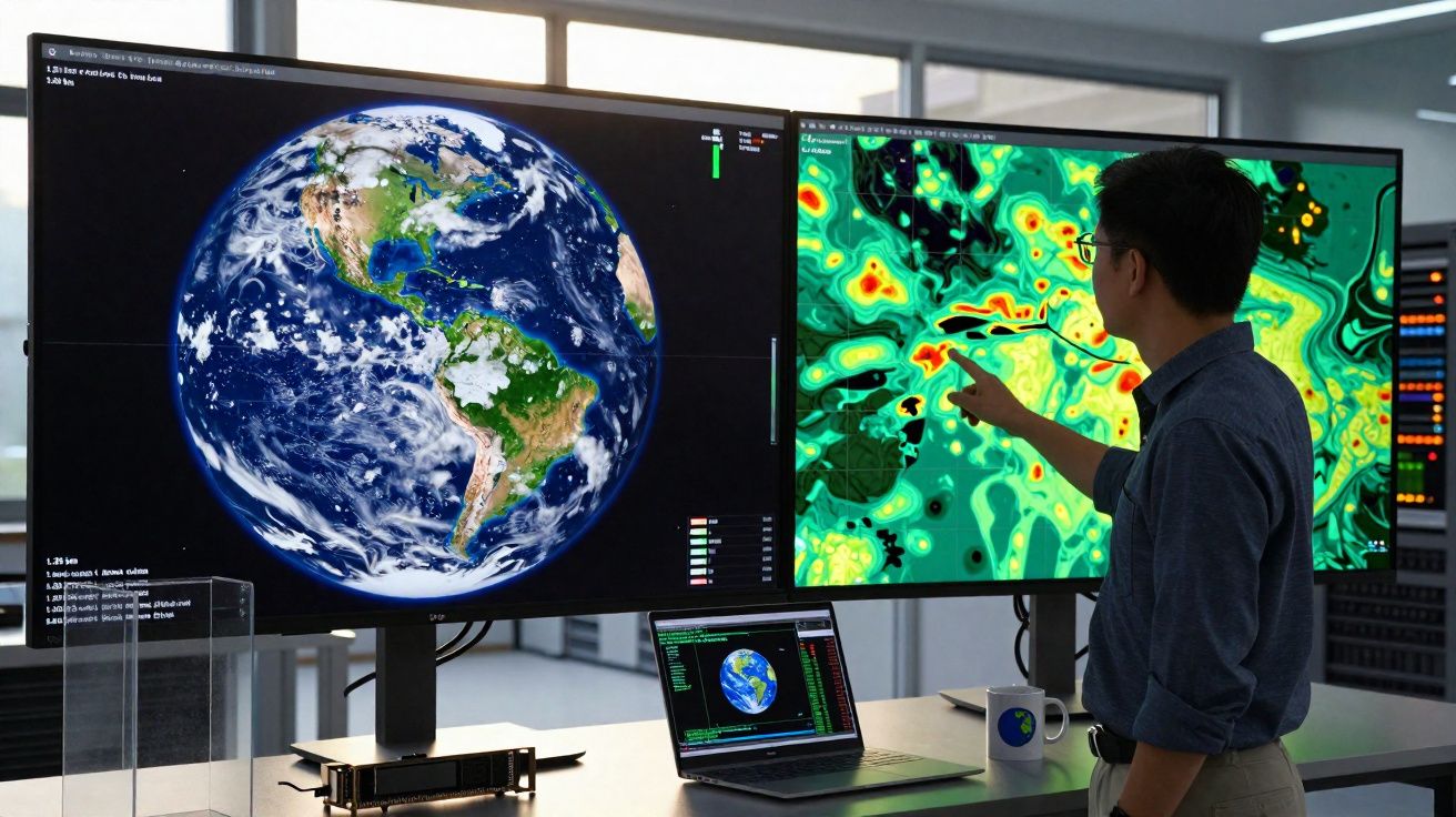Homem analisando mapas digitais da Terra e dados climáticos em múltiplas telas em ambiente de escritório moderno.