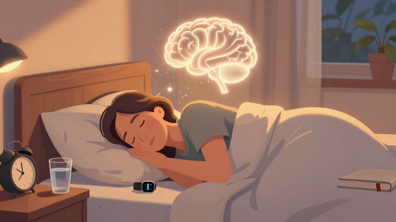 Mulher dormindo na cama com cérebro iluminado flutuando simbolizando sonhos e atividade cerebral.