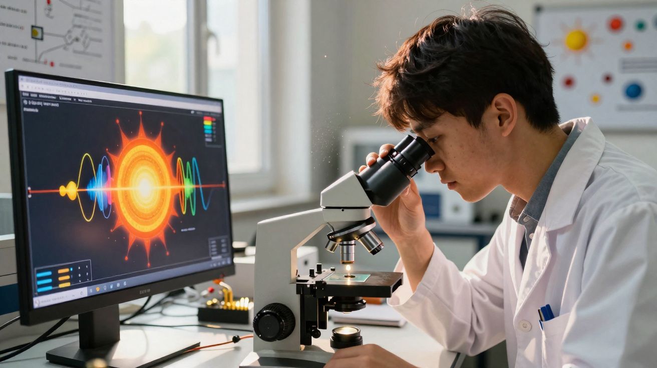 Cientista em jaleco branco usando microscópio em laboratório com gráfico solar colorido em tela de computador.