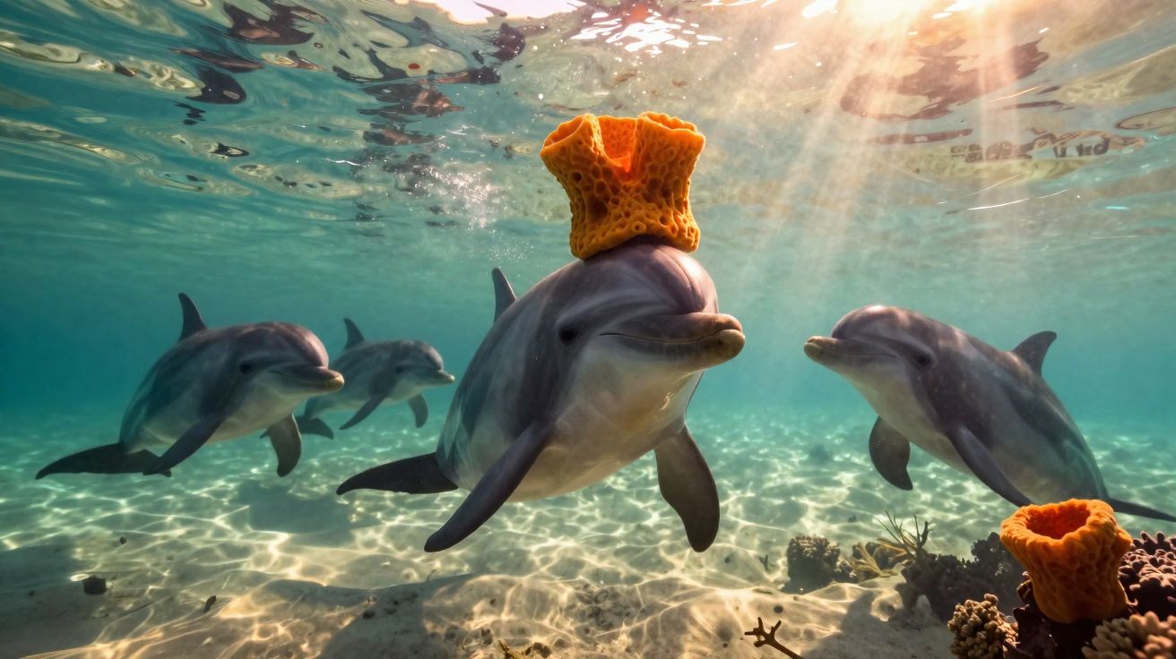 Golfinhos nadando em águas claras, com um deles usando um coral laranja na cabeça.