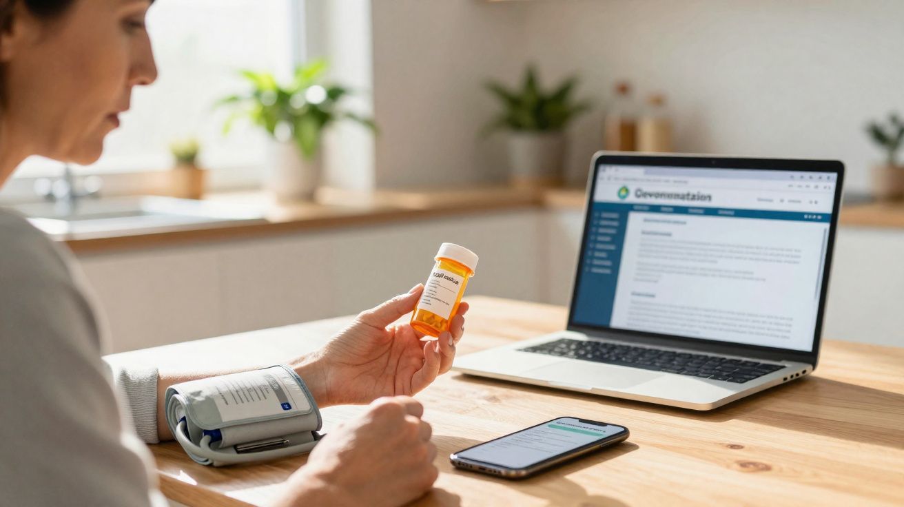 Pessoa com aparelho de medição de pressão arterial segura um frasco de remédio, com notebook e celular sobre a mesa.